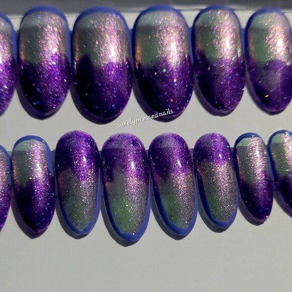 Shimmer Purple, Lilac lined, Glitter Purple Wave Oval Shaped= Press on Nails - Picture 3 of 3